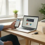 Conducteur comparant des offres d'assurance auto en ligne sur un ordinateur portable et un smartphone