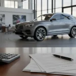Showroom de concession automobile avec SUV exposé et documents de commande sur un bureau