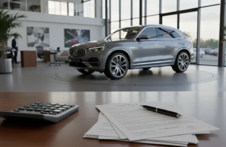 Showroom de concession automobile avec SUV exposé et documents de commande sur un bureau