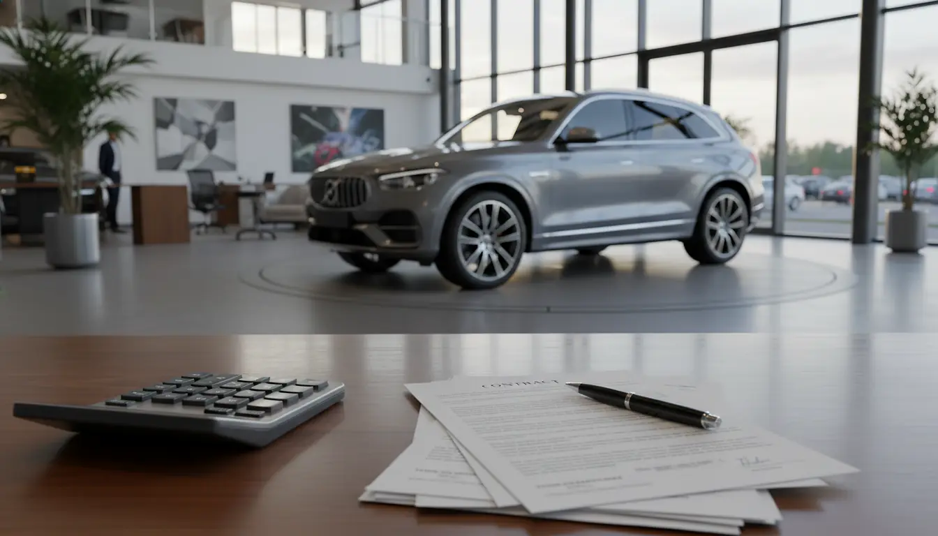 Showroom de concession automobile avec SUV exposé et documents de commande sur un bureau