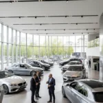 Showroom d'un mandataire automobile avec plusieurs voitures neuves alignées dans un espace lumineux