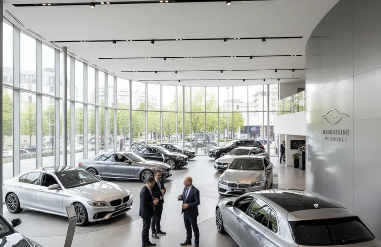 Showroom d'un mandataire automobile avec plusieurs voitures neuves alignées dans un espace lumineux