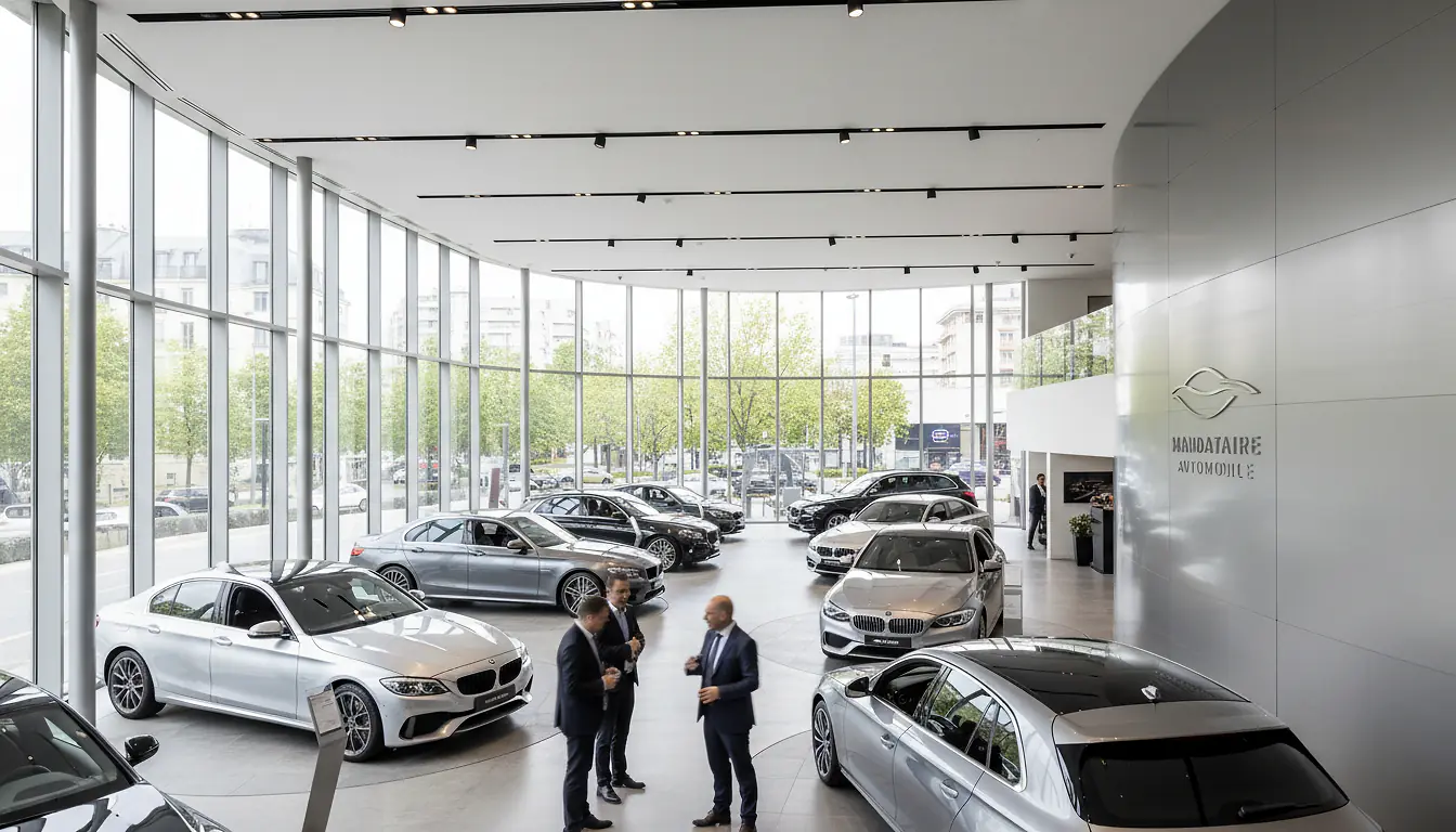 Showroom d'un mandataire automobile avec plusieurs voitures neuves alignées dans un espace lumineux