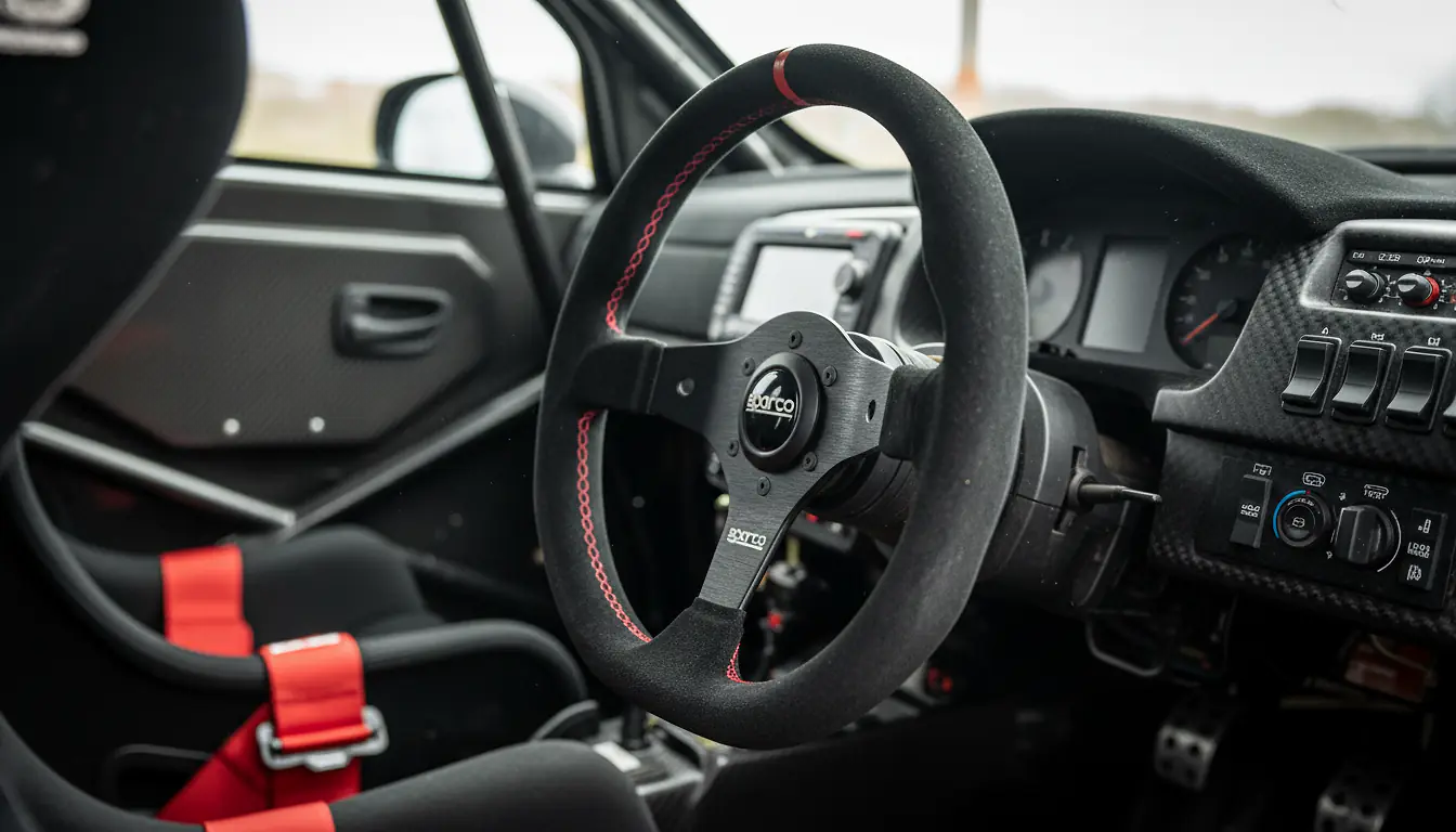 Volant de rallye Sparco compact dans un cockpit de compétition avec harnais FIA