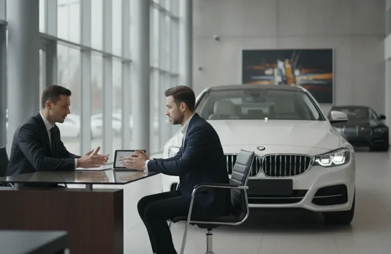 Négociation du prix d'une voiture neuve dans un showroom automobile