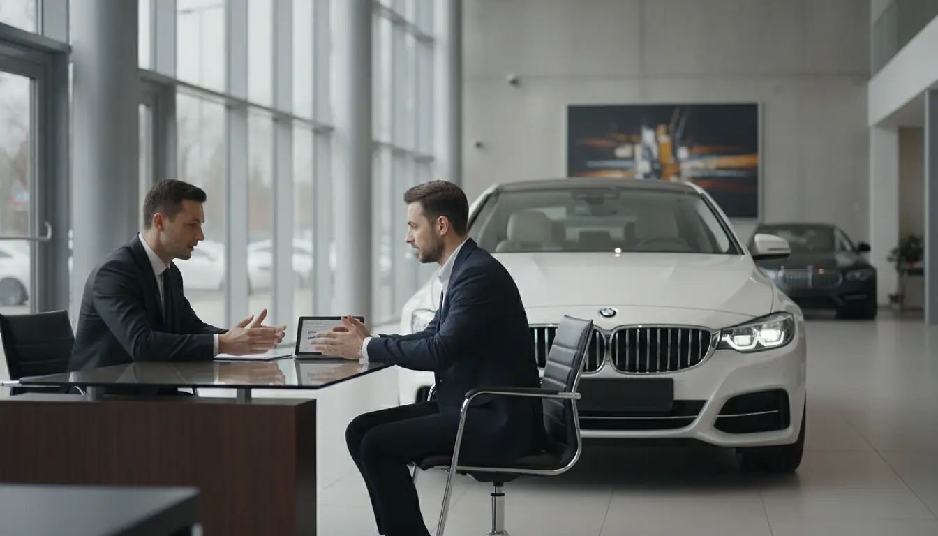 Négociation du prix d'une voiture neuve dans un showroom automobile