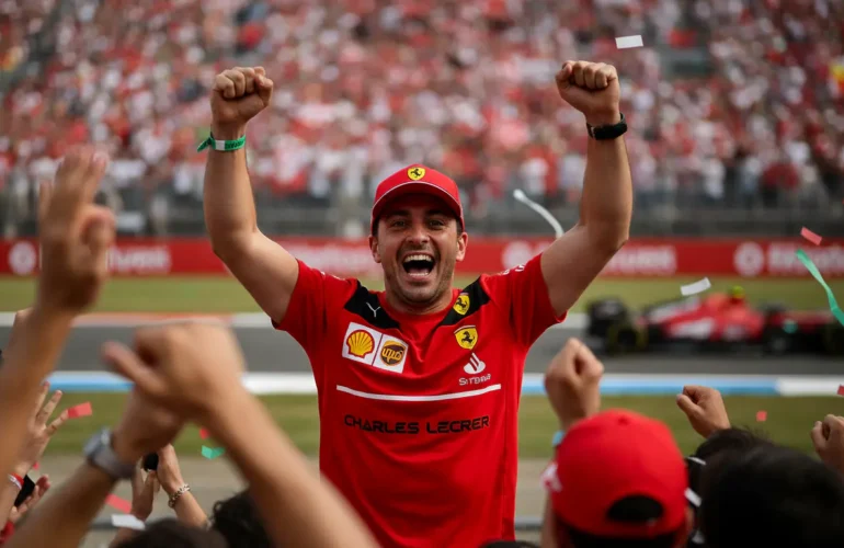 Fan Ferrari portant un t-shirt Charles Leclerc F1 dans les tribunes