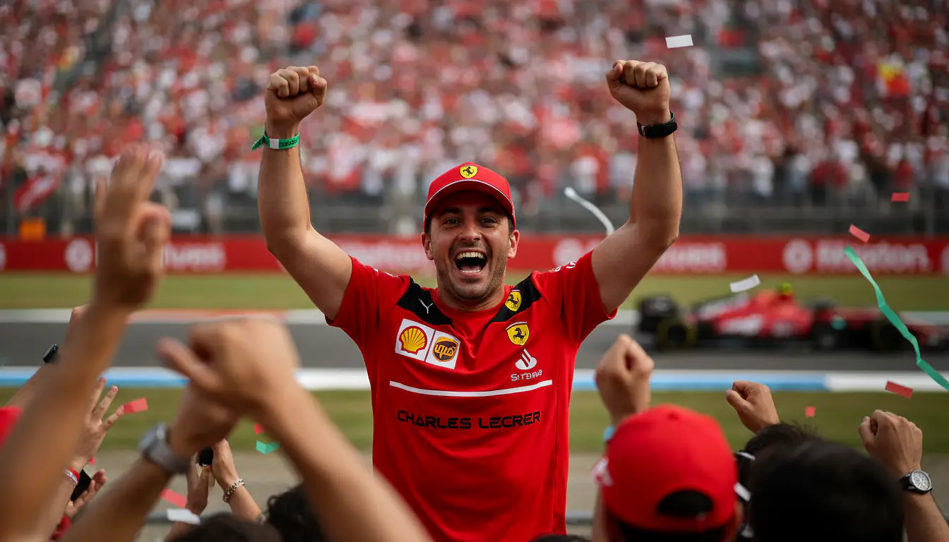 Fan Ferrari portant un t-shirt Charles Leclerc F1 dans les tribunes