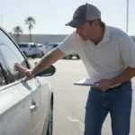 Homme inspectant la carrosserie d'une voiture d'occasion dans un parking ensoleillé, carnet en main