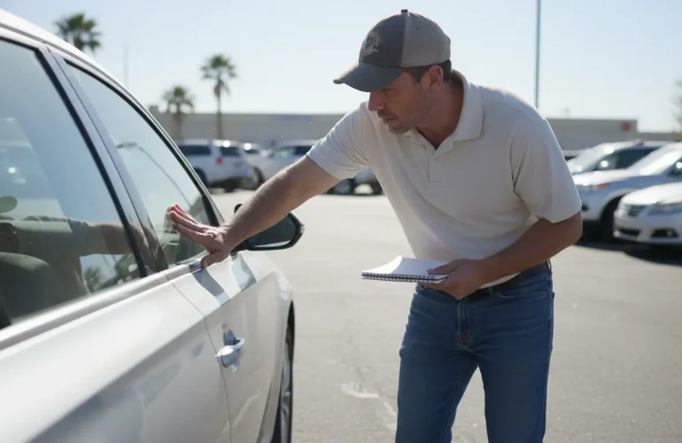 Homme inspectant la carrosserie d'une voiture d'occasion dans un parking ensoleillé, carnet en main