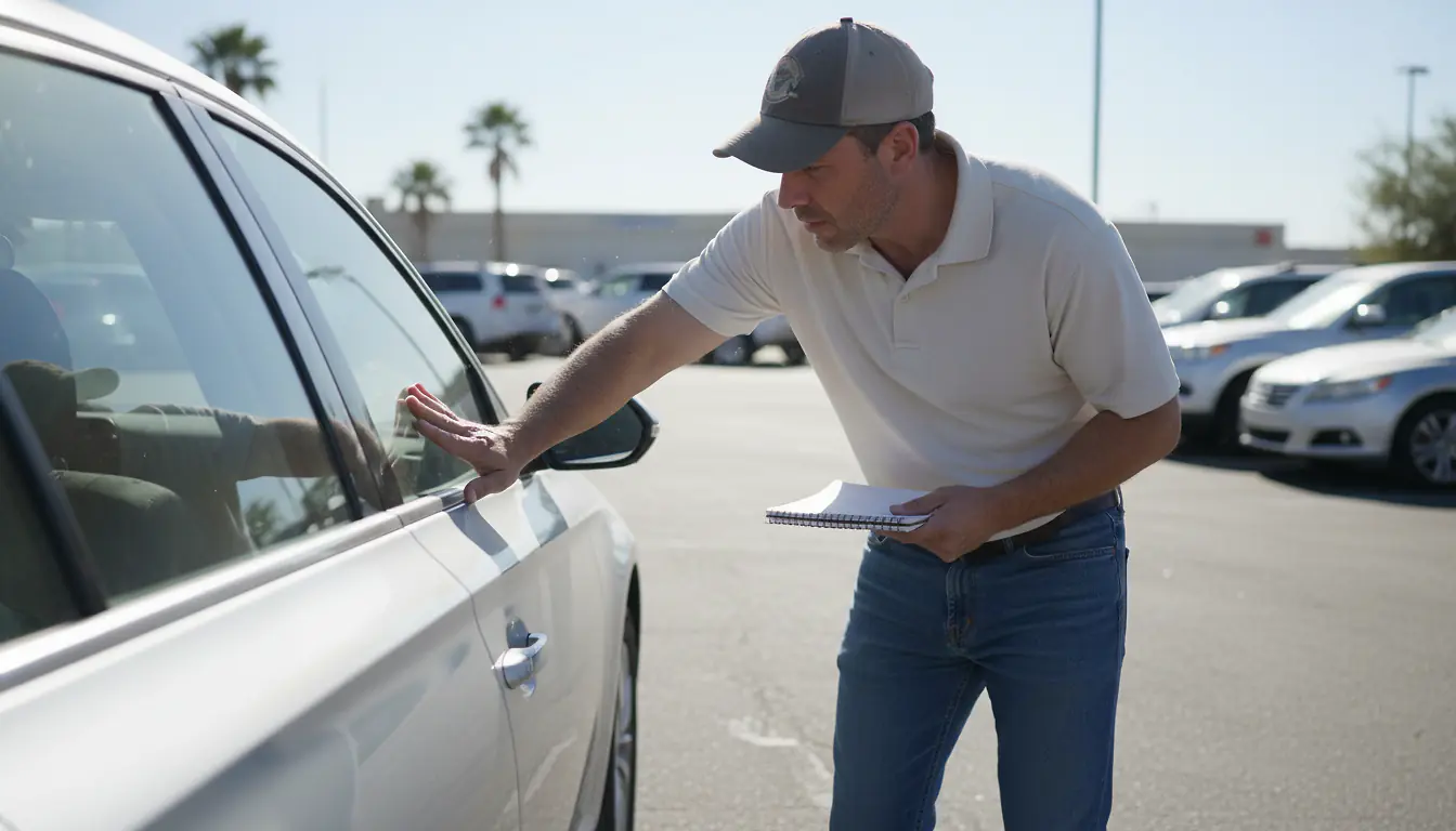 Homme inspectant la carrosserie d'une voiture d'occasion dans un parking ensoleillé, carnet en main
