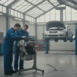 Atelier de reparation automobile, mecaniciens au travail sur un moteur