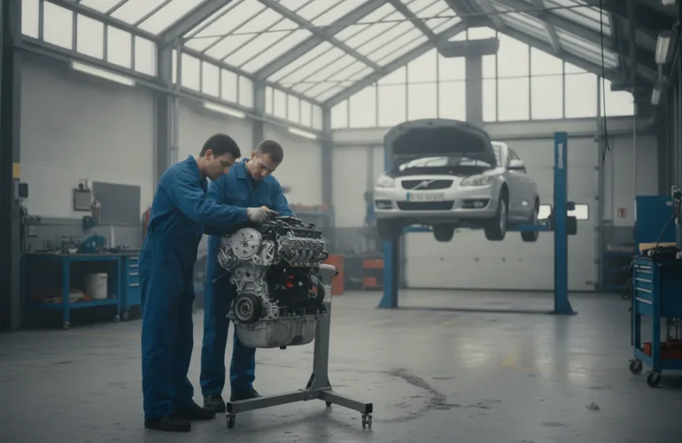 Atelier de reparation automobile, mecaniciens au travail sur un moteur