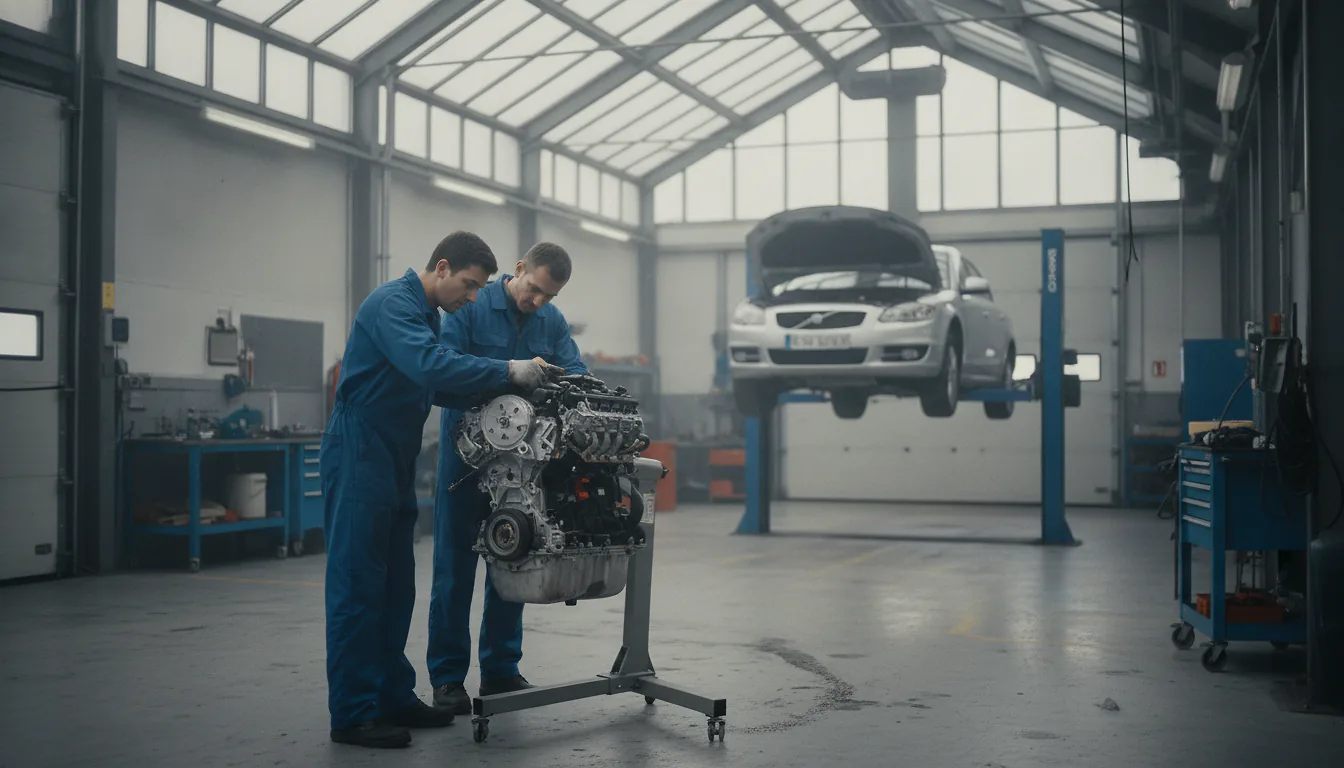 Atelier de reparation automobile, mecaniciens au travail sur un moteur