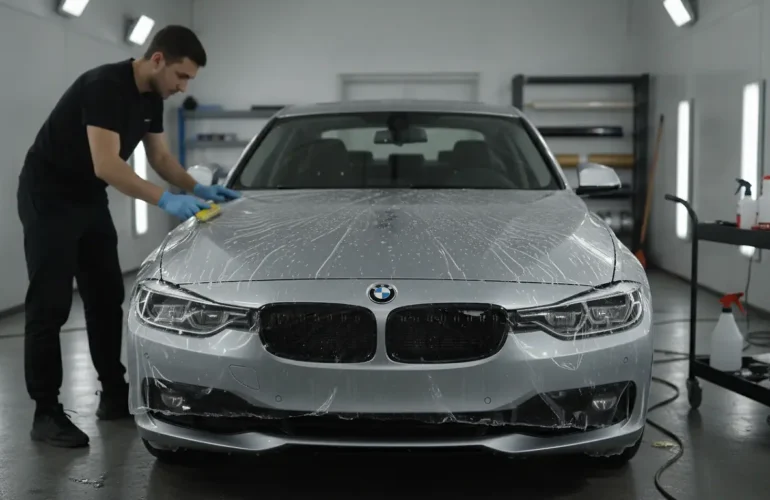 BMW Série 3 gris métallisé avec film de protection peinture PPF en atelier de covering professionnel