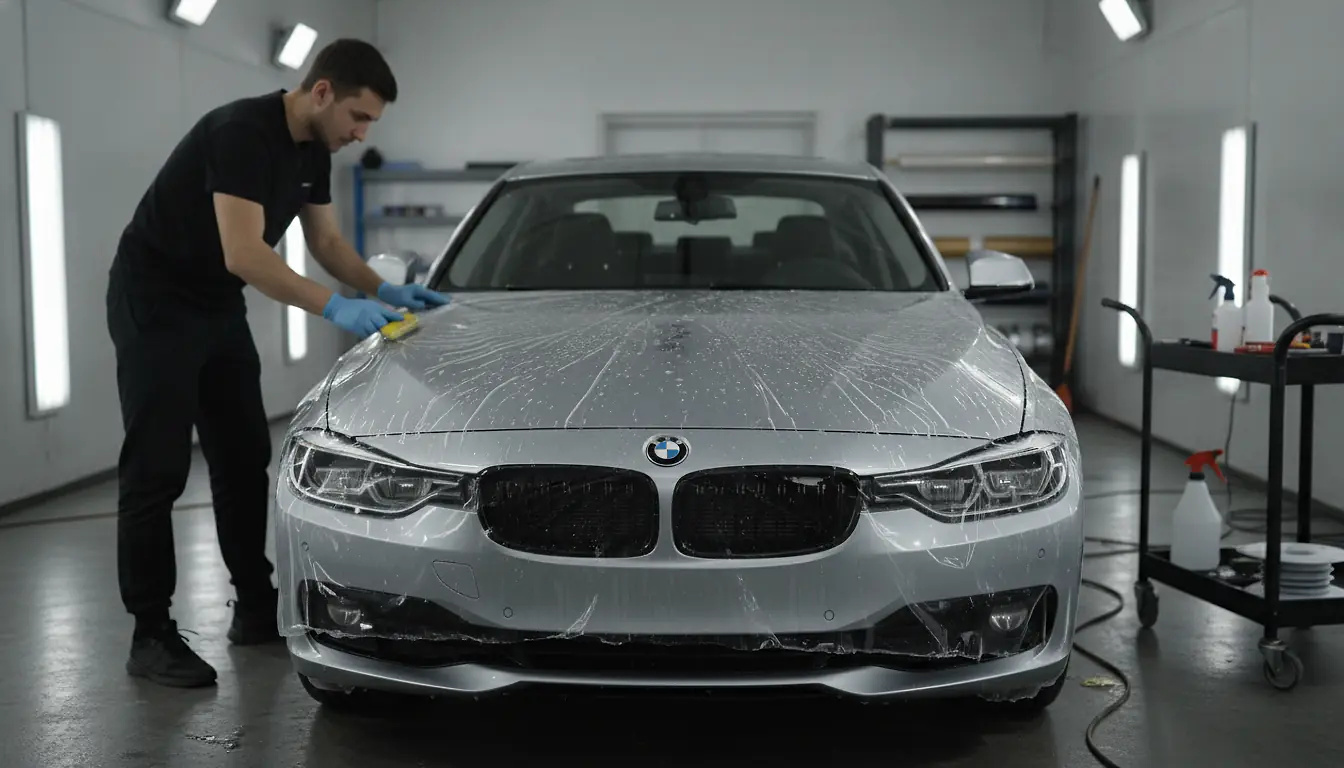 BMW Série 3 gris métallisé avec film de protection peinture PPF en atelier de covering professionnel