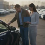 Deux personnes discutant du prix devant une voiture d'occasion sur un parking