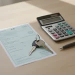 Carte grise, calculatrice et trousseau de clés de voiture posés sur un bureau en bois clair