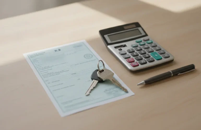 Carte grise, calculatrice et trousseau de clés de voiture posés sur un bureau en bois clair