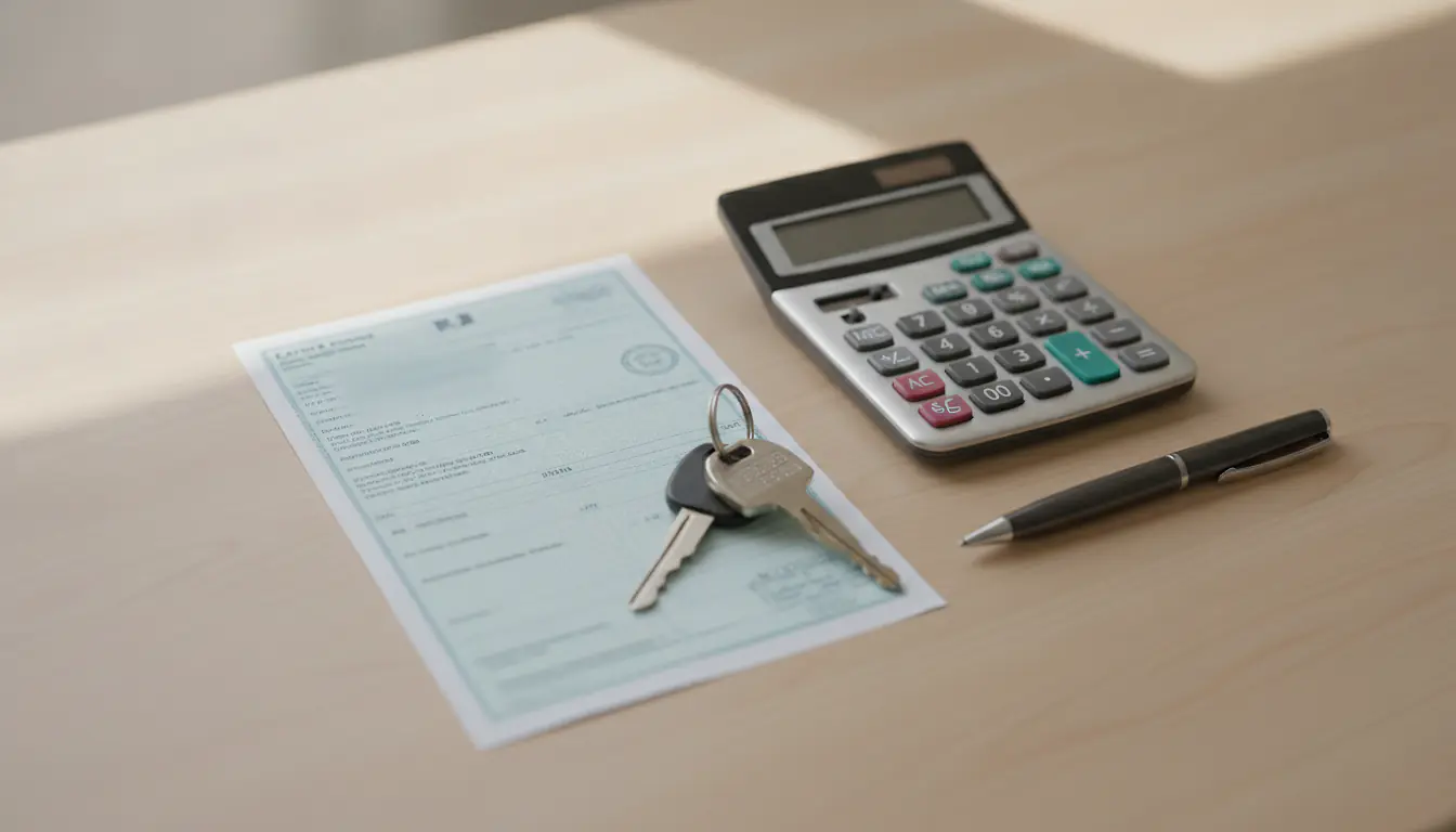 Carte grise, calculatrice et trousseau de clés de voiture posés sur un bureau en bois clair